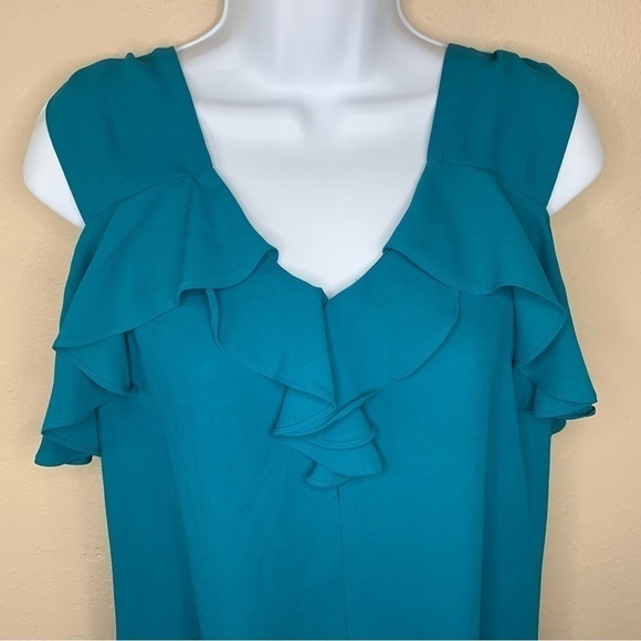 Express Teal Blue Ruffle Blouse V Neck Flowy Sleeveless Small Womens Top - Picture 3 of 7